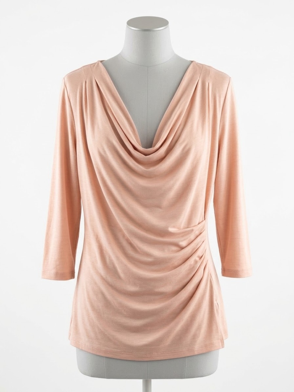 Calvin Klein Pink Draped Cowl Neck Side-Ruched Top Size M - 3/4 Sleeve Blouse